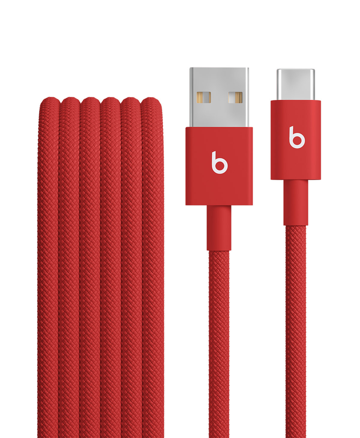 Close-up of Beats USB-A to USB-C Woven Cable in Rapid Red