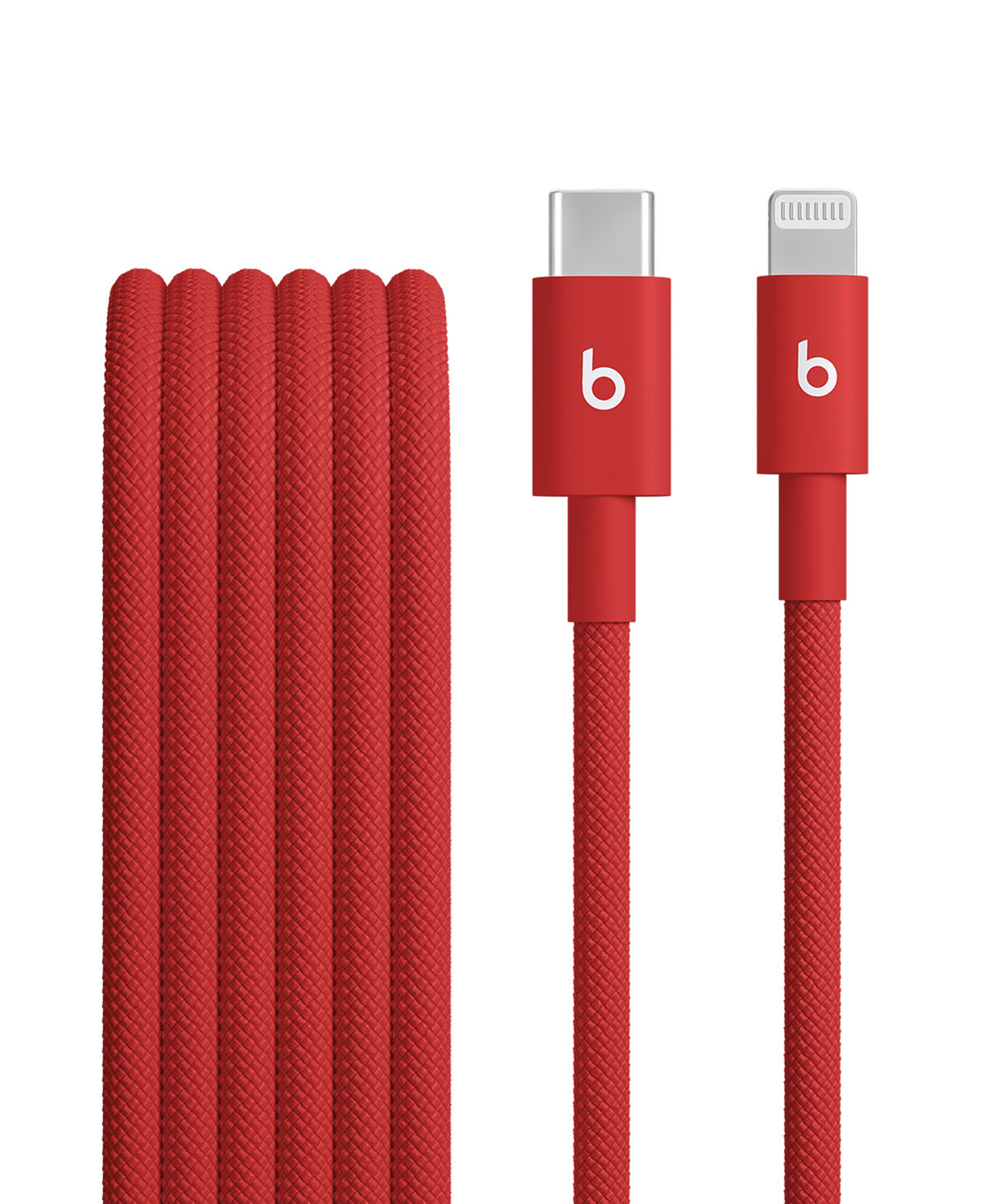 Close-up of Beats USB-C to Lightning Woven Cable in Rapid Red
