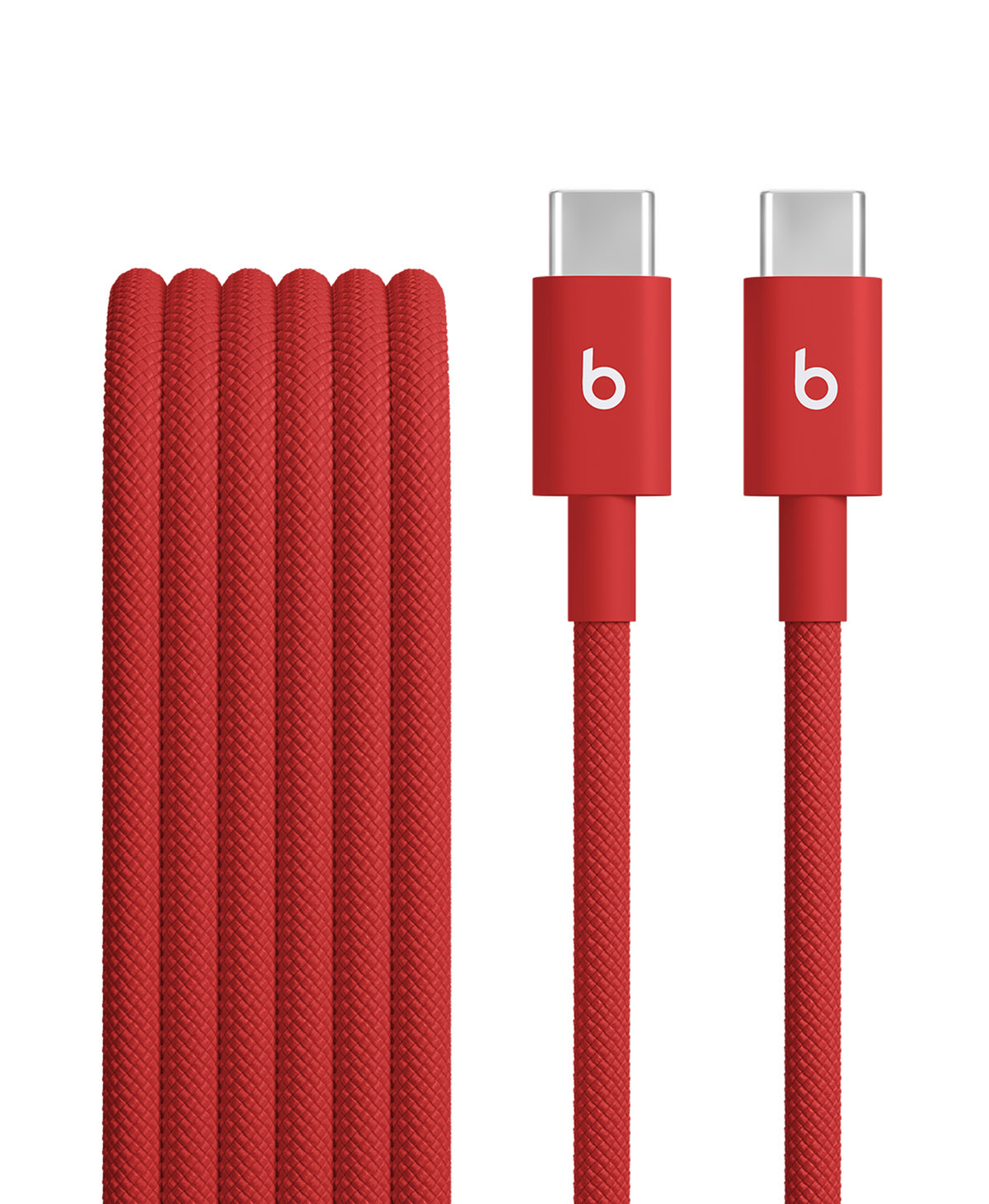 Close-up of Beats USB-C to USB-C Woven Cable in Rapid Red