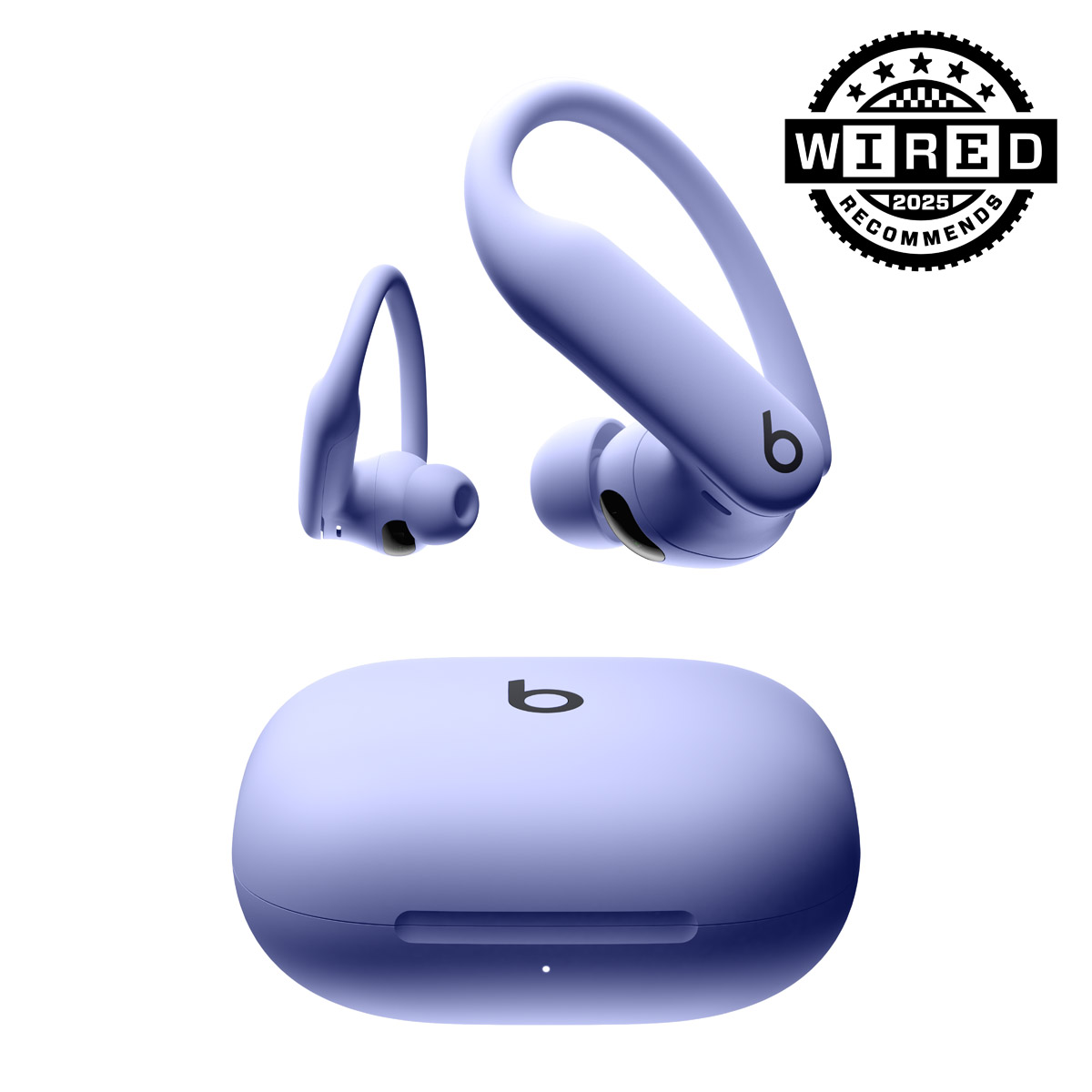 Close-up of Powerbeats Pro 2 in Hyper Purple with Wired 2025 Recommends badge.