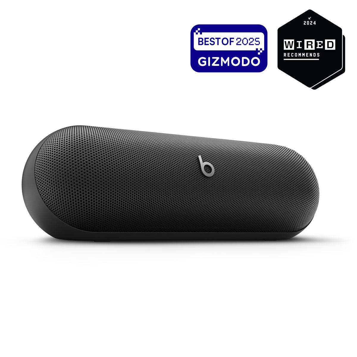 Close-up of Beats Pill in Matte Black with Best of 2025 Gizmodo badge and 2024 Wired Recommends badge.